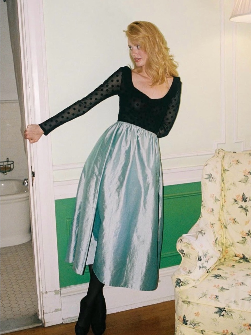 Christy Dawn Black Dot-Sleeve Dress with Light Teal Satin Skirt